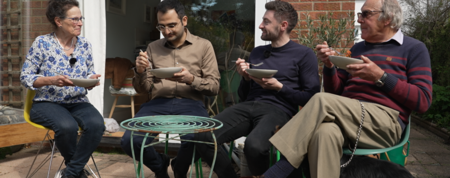 Still from ITV Anglia footage, reproduced with their consent. From left to right. EPic Norfolk volunteer Helen, Dr Shayan Aryannezhad, ITV Anglia reporter Andy Ward, EPID Norfolk volunteer Paul.